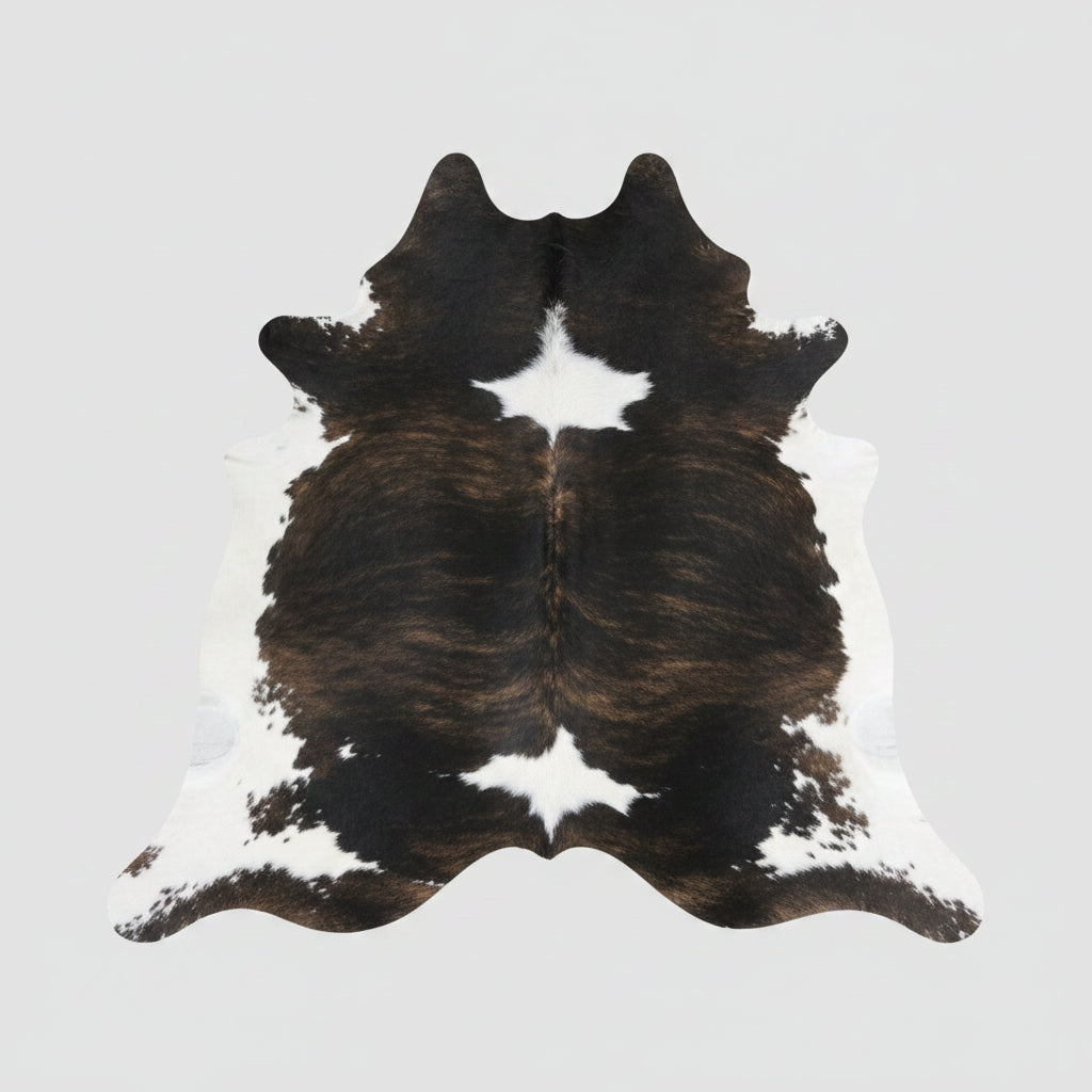 Cowhide rug with black and brown patches on a white background