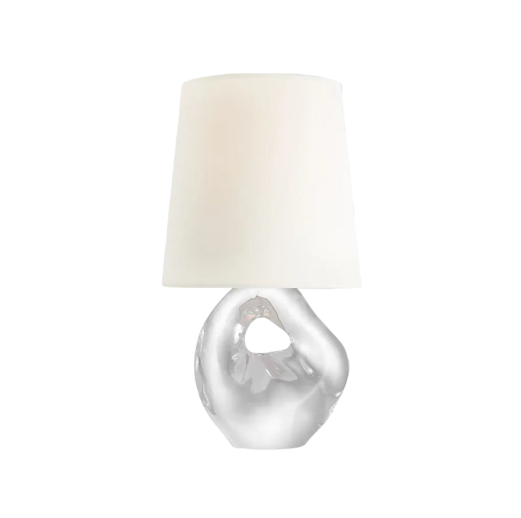 Clear glass vase with a white lampshade on a light gray background