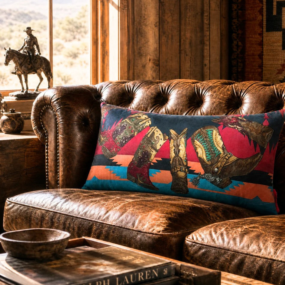 A rectangular decorative throw pillow with a colorful western-themed print featuring boots, horseshoes, and a horse silhouette, resting on a brown leather tufted sofa in a rustic room.
