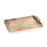 A rectangular burl wood design tray with gold handles.