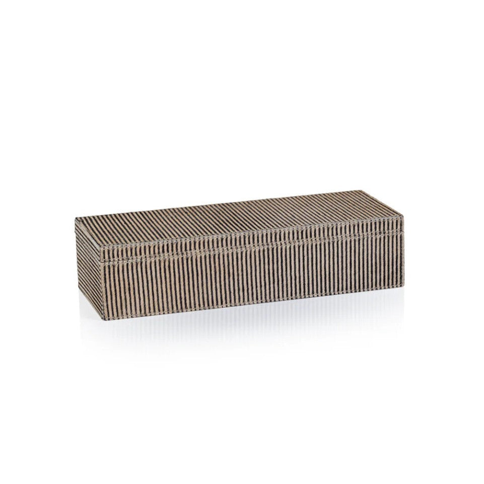 A rectangular storage box with a lid, featuring a textured vertical slatted pattern in brown and beige tones, shown on a clean white background with a subtle reflection.
