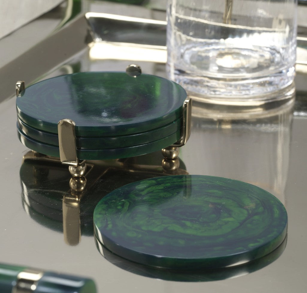 Spiga Set of 4 Coasters on Stand in Gold with Green Accent