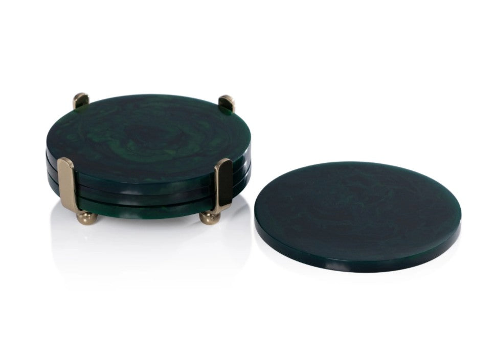 Spiga Set of 4 Coasters on Stand in Gold with Green Accent