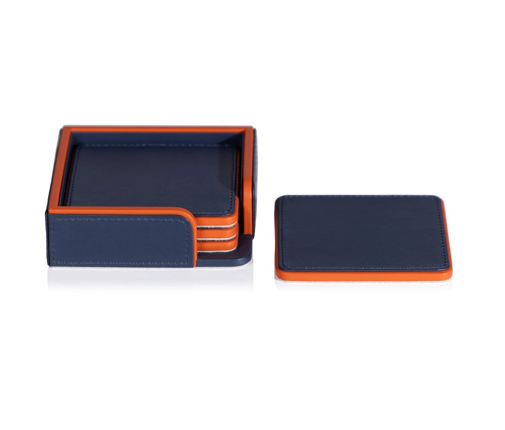 Navy and Orange Nappa Leather Coasters on Tray