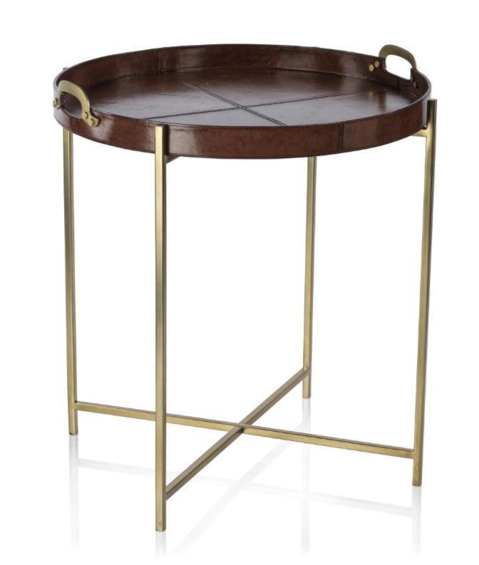 Aspen Leather with Brass Handles Round Tray on Stand