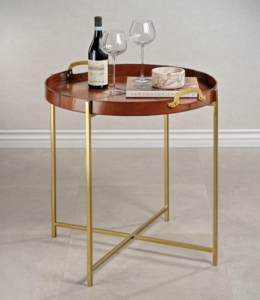 Aspen Leather with Brass Handles Round Tray on Stand