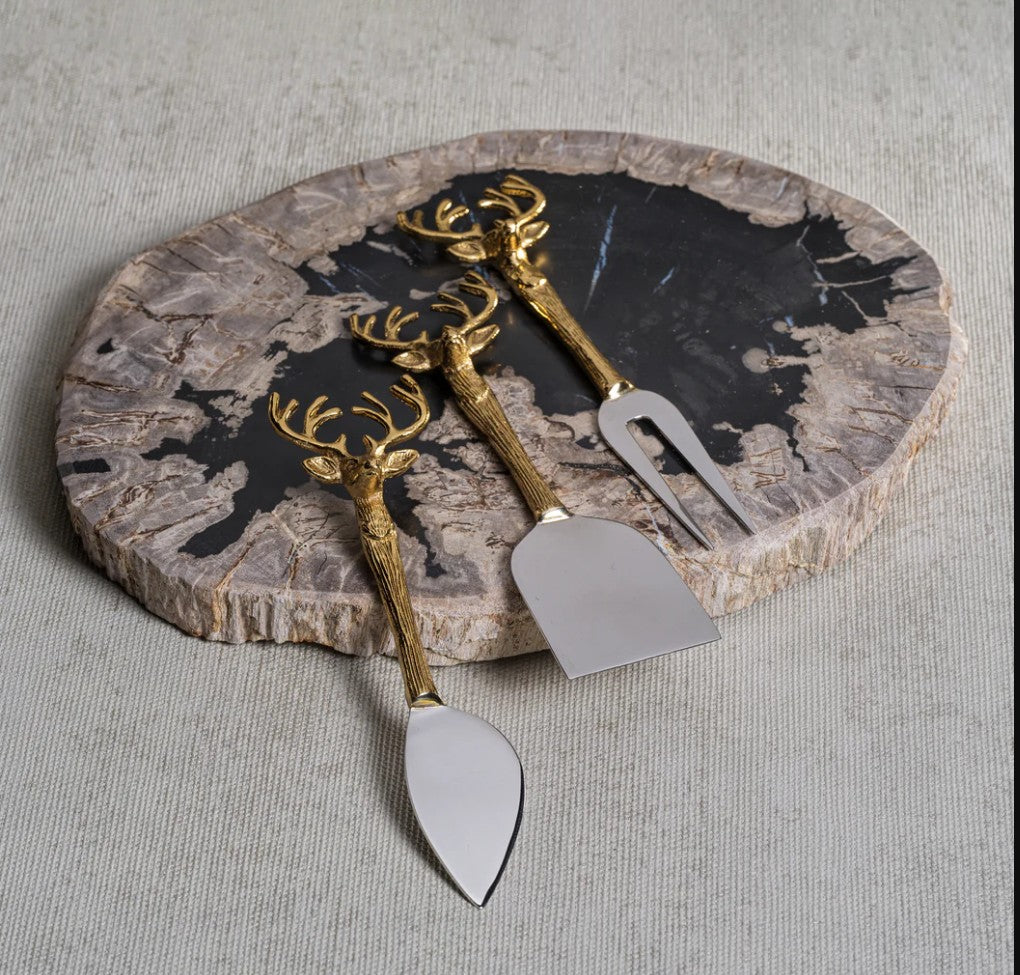 Stag Head Fromage Serving Set - Set of 3 - Brass and Stainless Steel