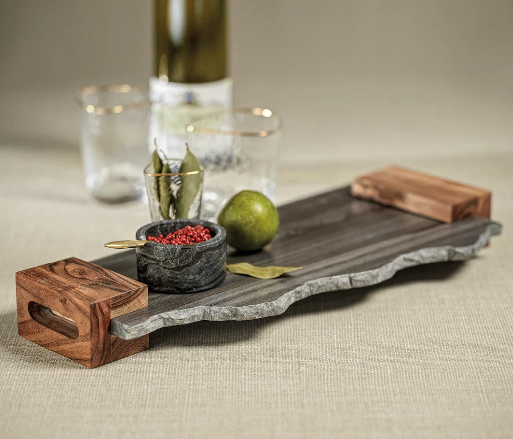 Nairobi Gray Marble Tray with Acacia Handles