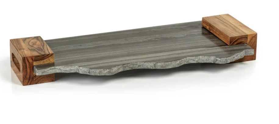 Nairobi Gray Marble Tray with Acacia Handles