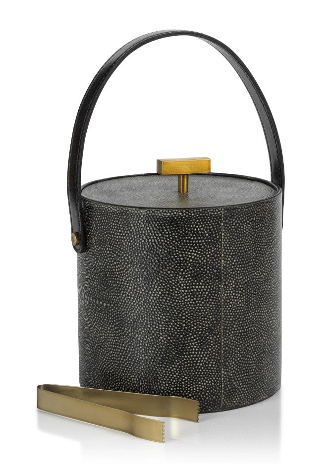 Nika Shagreen Leather Ice Bucket with Gold Brace Ice Tong