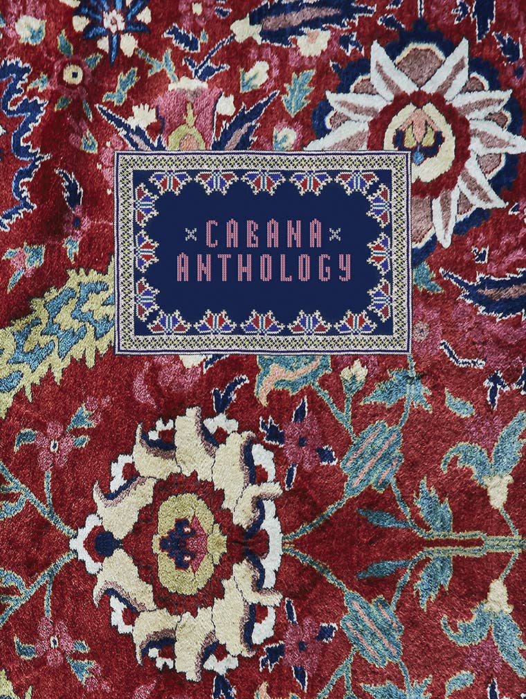 Decorative rug with floral patterns and a central text box labeled 'Cabaána Anthology'.