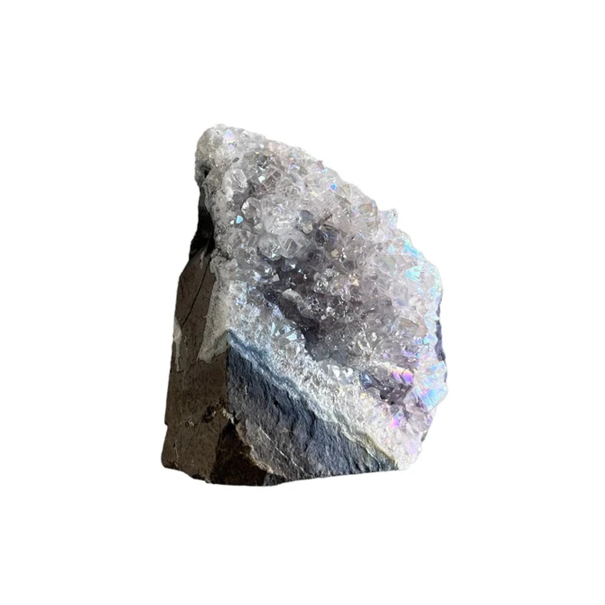 Blue Ocean Traders Aura Amethyst Cut Base Large — natural amethyst geode with iridescent rainbow metallic aura treatment, flat base for display
