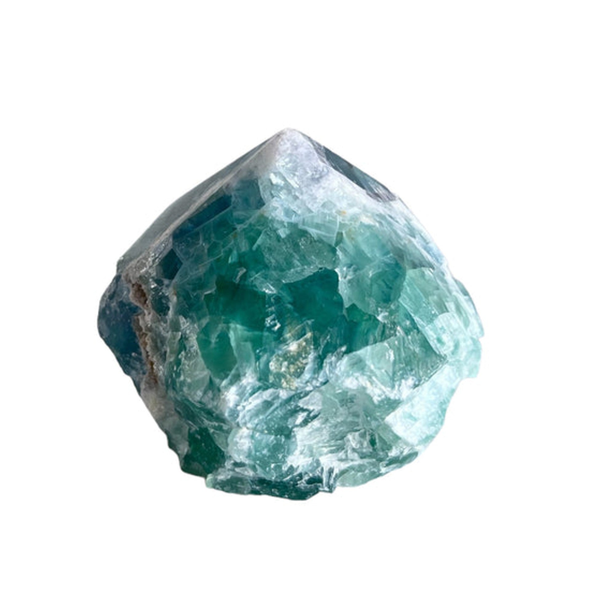 Blue Ocean Traders Fluorite Polished Point Small — dark cyan and white fluorite mineral with rough base and smooth polished triangulated top
