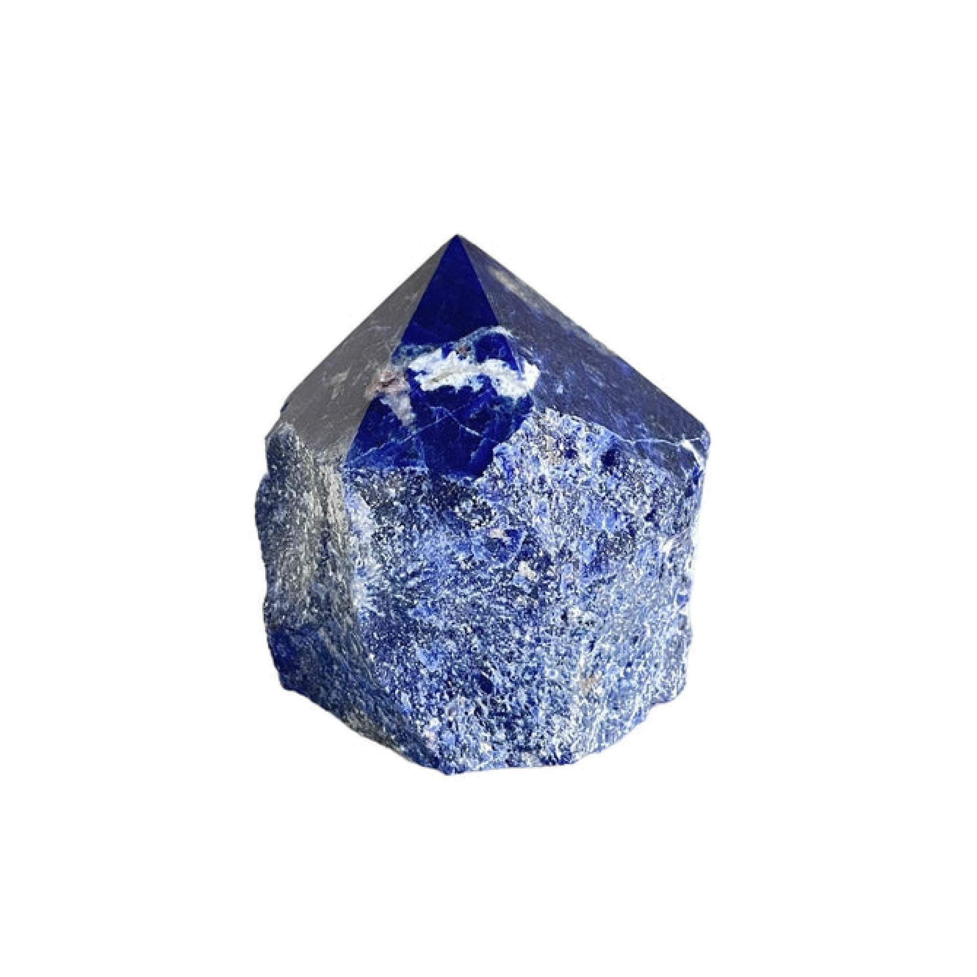 Blue Ocean Traders Sodalite Polished Point Large — deep blue sodalite mineral with white calcite veining and smooth polished pointed top
