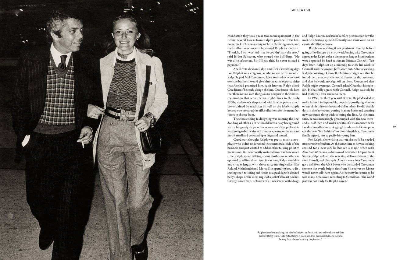 Black and white photo of two people walking together with text on the right side.