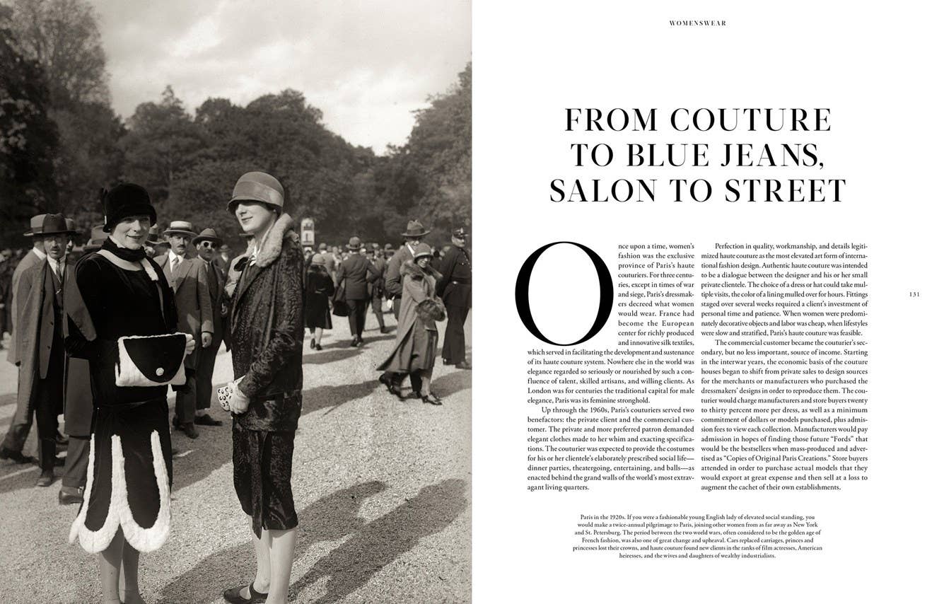 Black and white magazine layout with vintage fashion illustration and text on a scenic background