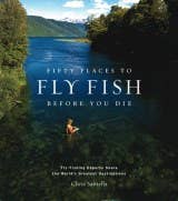 Book cover with a person fly fishing in a lake and mountains in the background