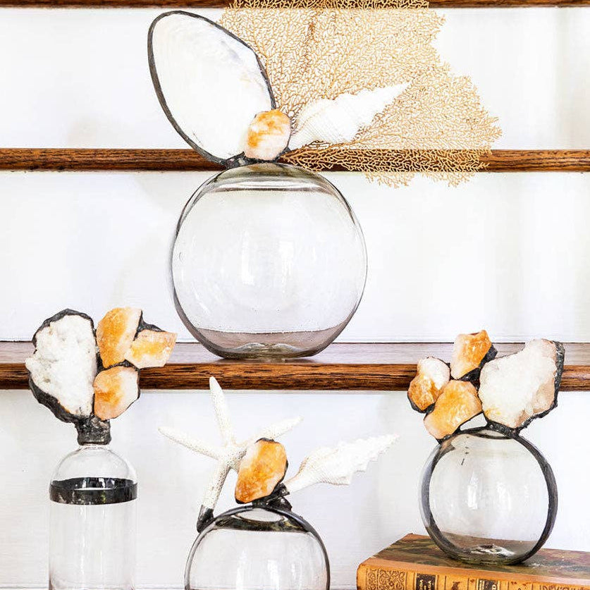 Three clear glass decorative vases with organic irregular shapes, styled with white coral, starfish, and orange seashell accents on wooden shelves and a tabletop.