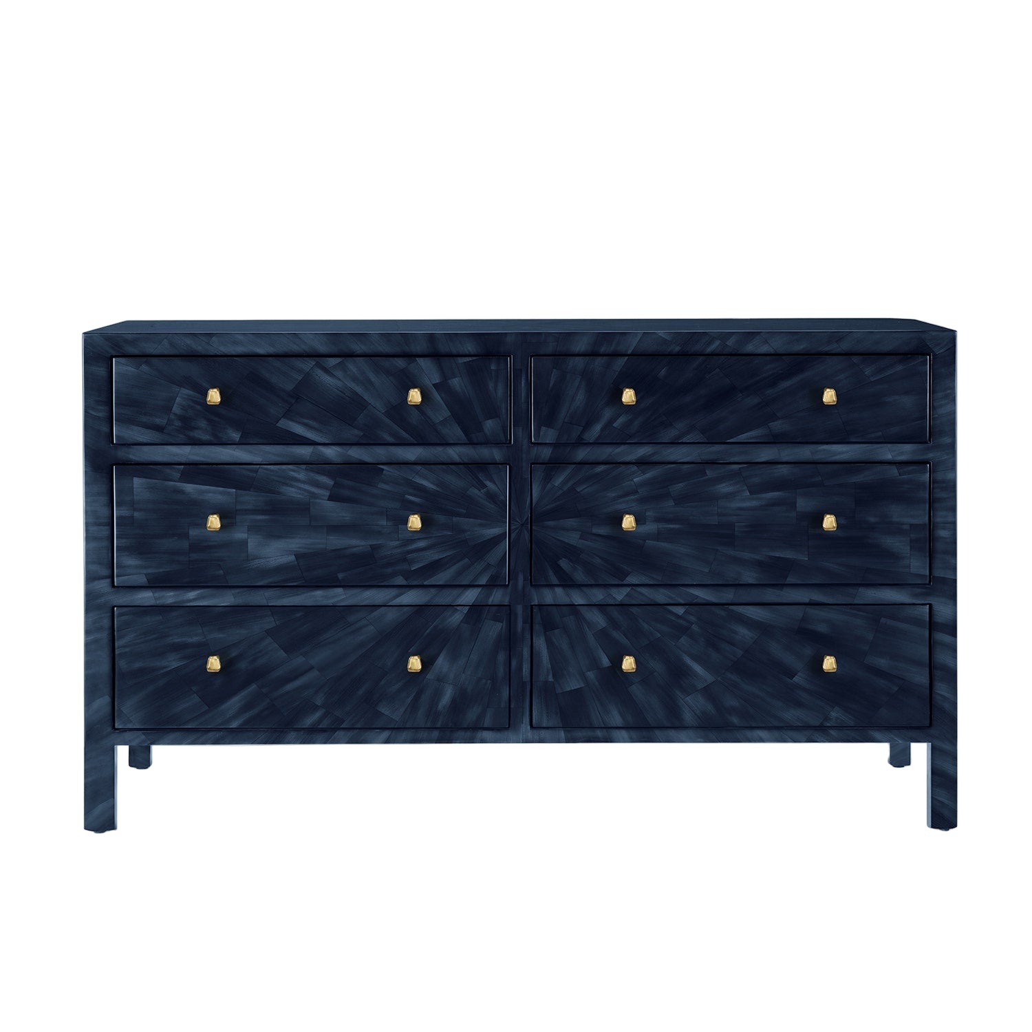Blue textured dresser with gold knobs on a white background