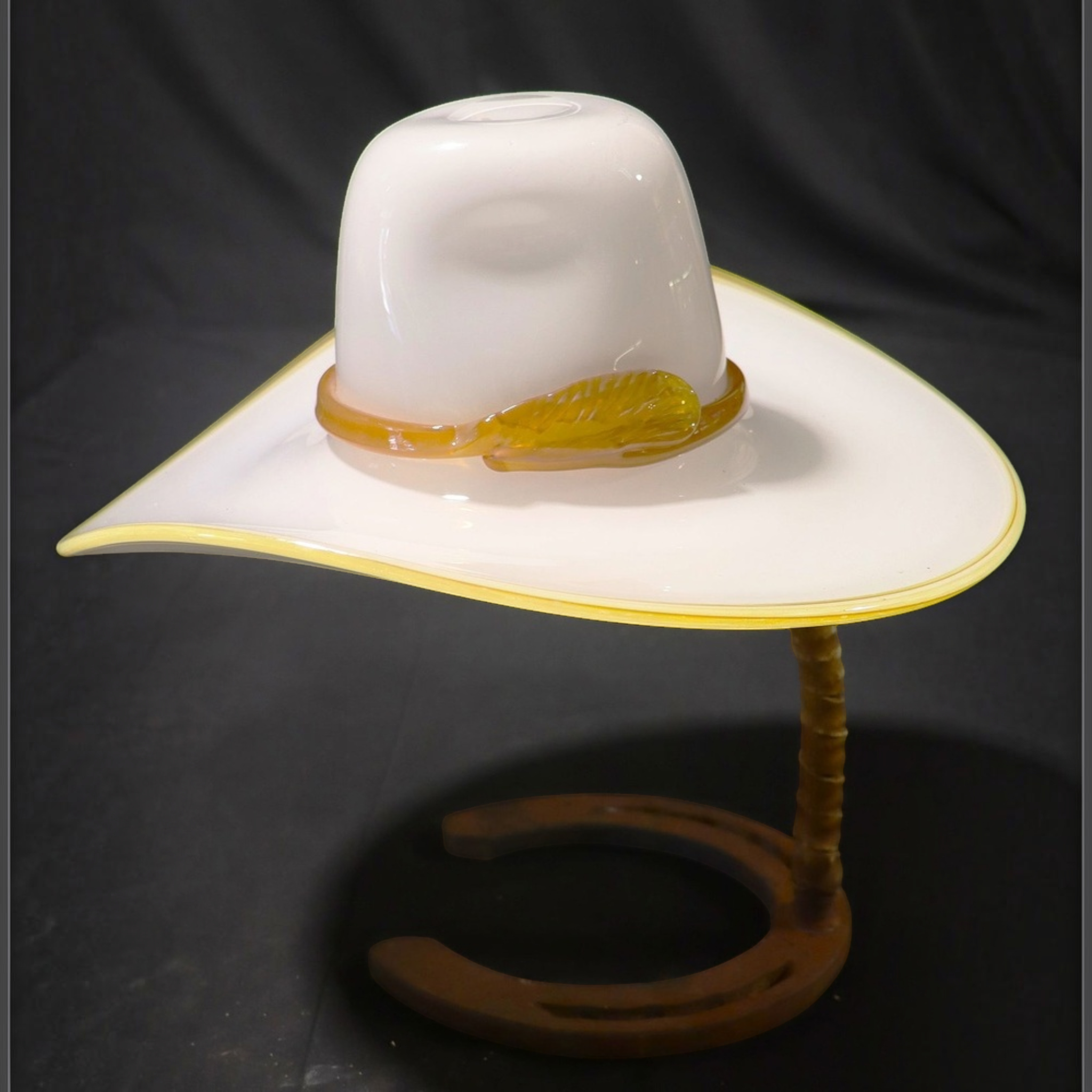 Vintage Hand-Blown Art Glass Cowboy Hat Sculpture on Horseshoe Stand