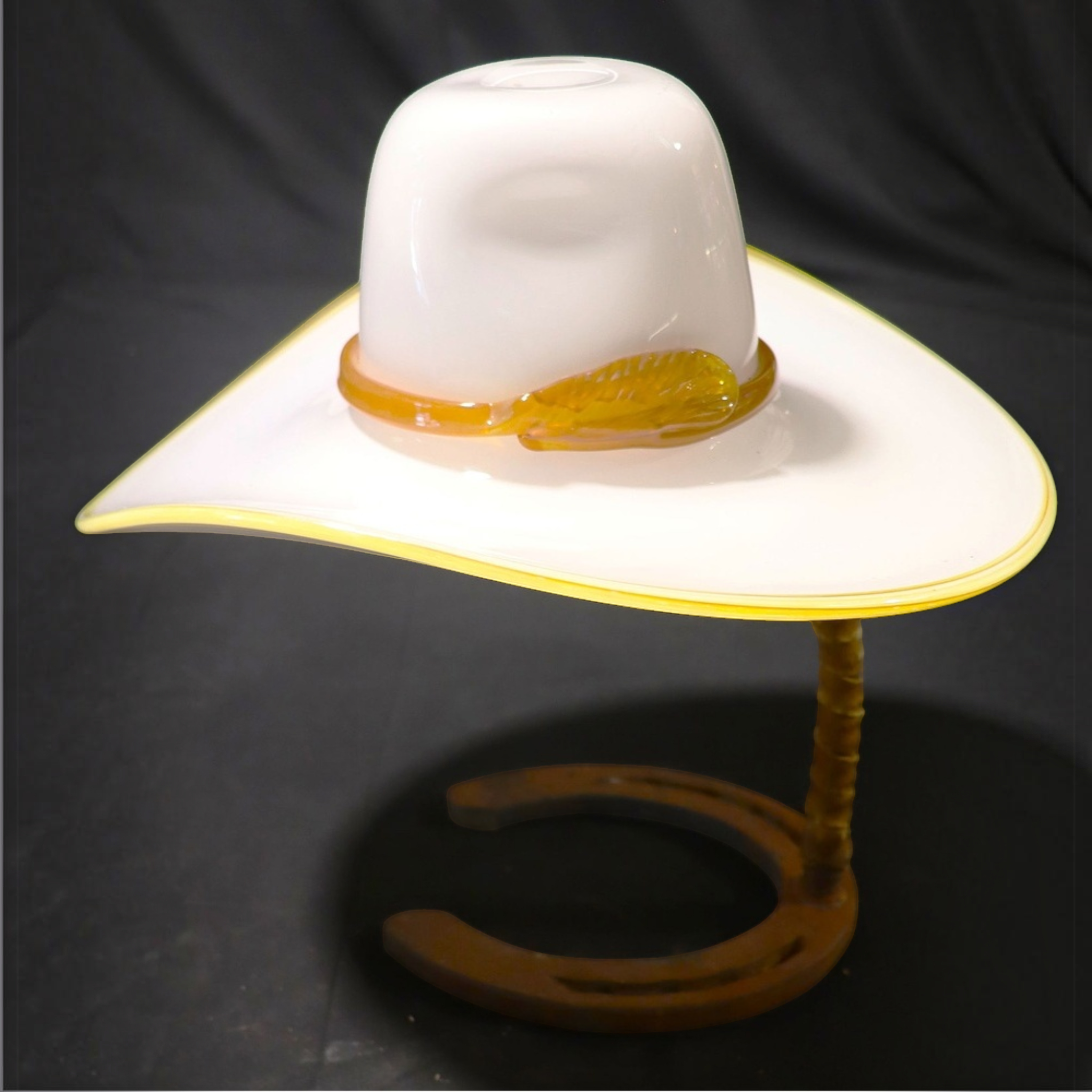 Vintage Hand-Blown Art Glass Cowboy Hat Sculpture on Horseshoe Stand