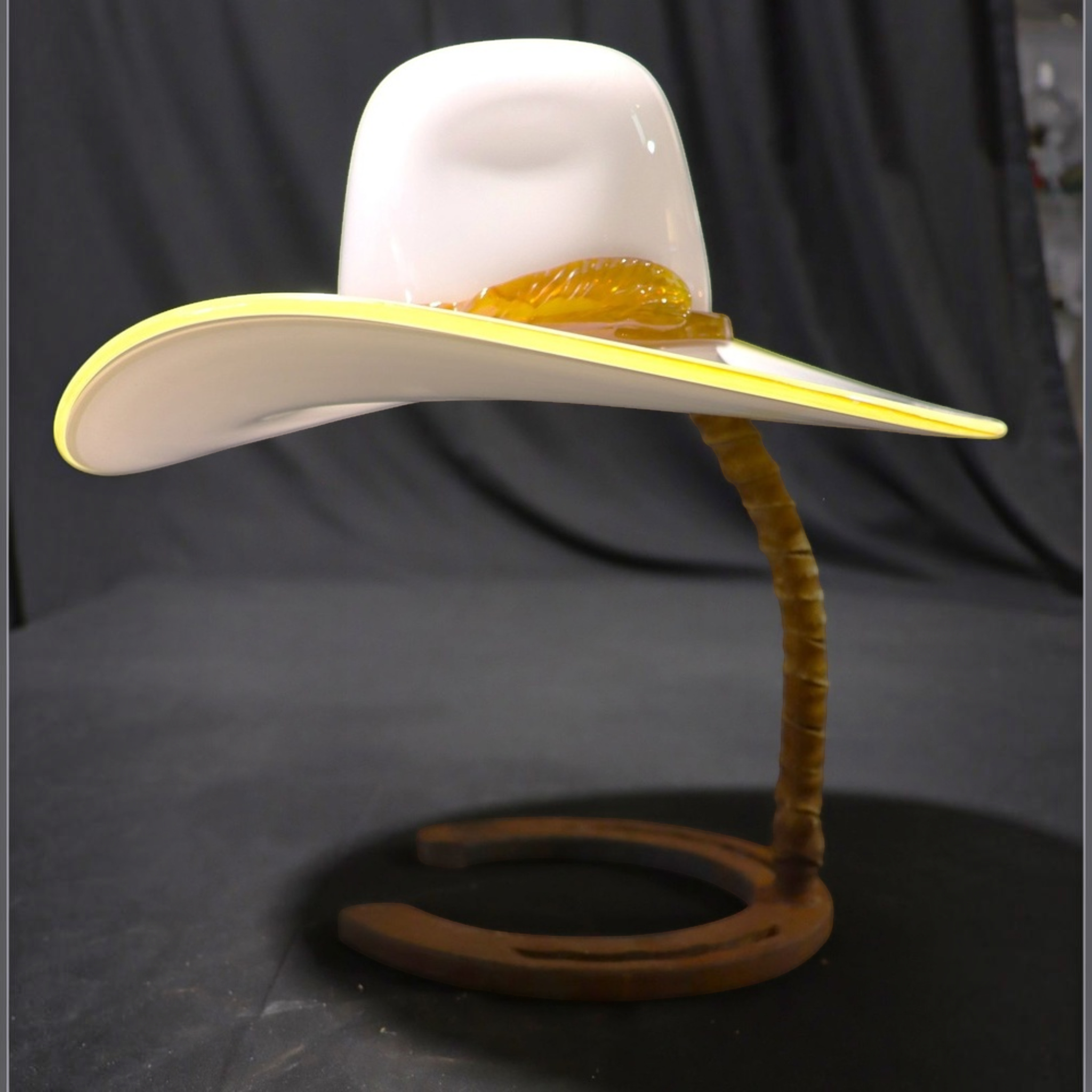 Vintage Hand-Blown Art Glass Cowboy Hat Sculpture on Horseshoe Stand