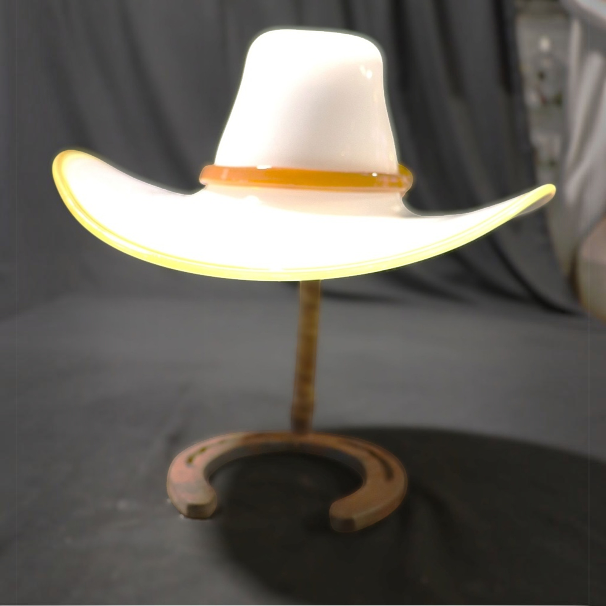 Vintage Hand-Blown Art Glass Cowboy Hat Sculpture on Horseshoe Stand