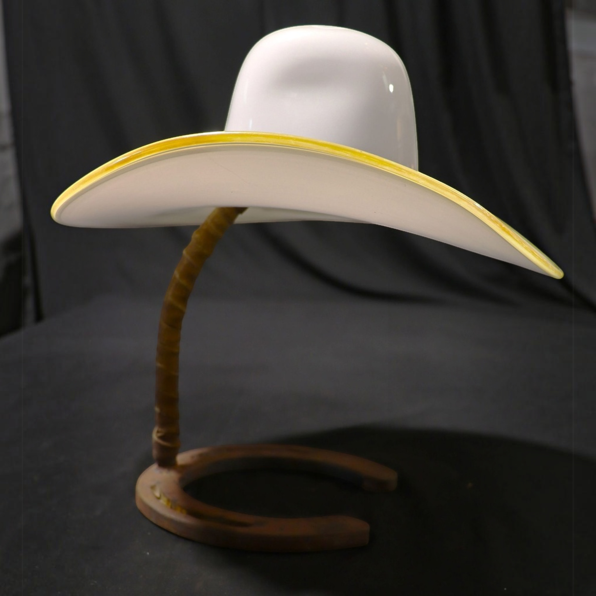 Vintage Hand-Blown Art Glass Cowboy Hat Sculpture on Horseshoe Stand