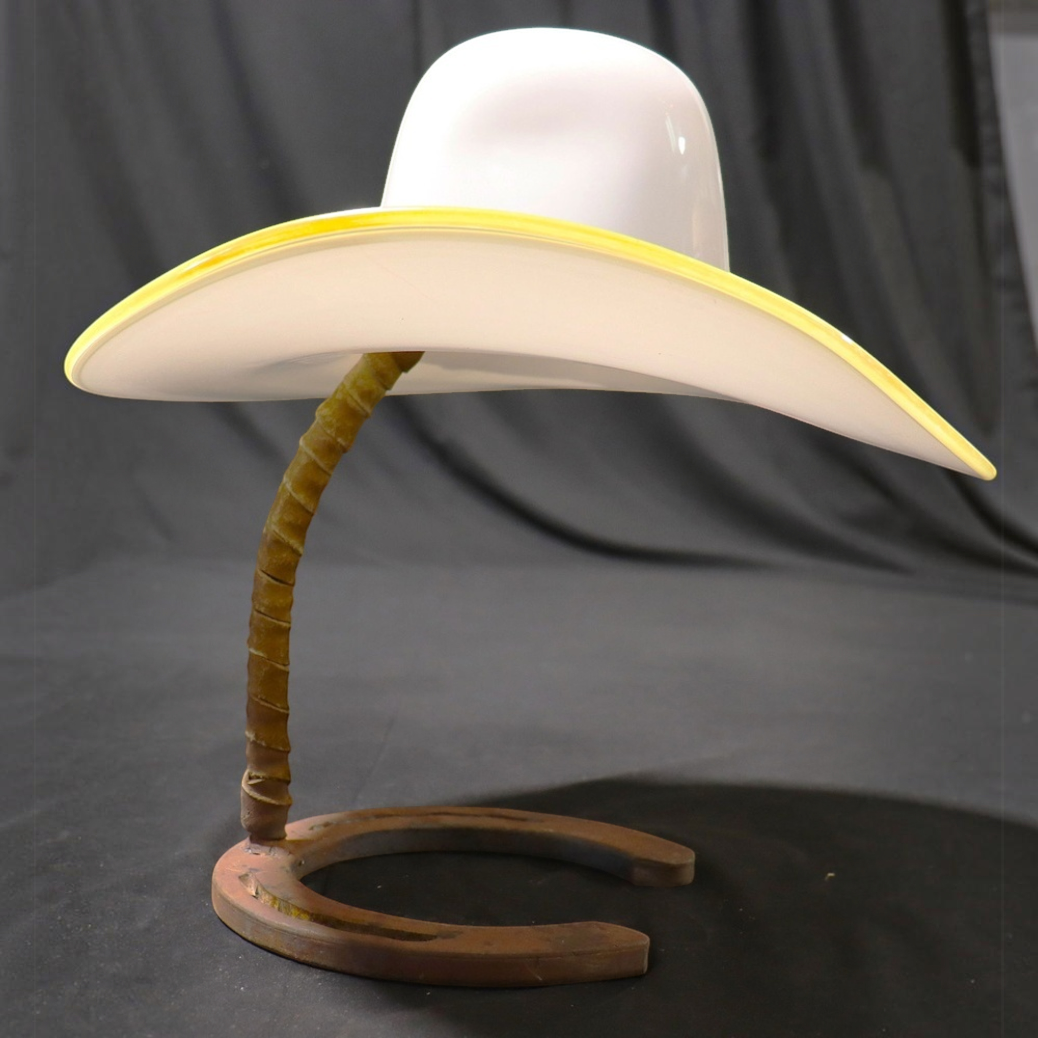 Vintage Hand-Blown Art Glass Cowboy Hat Sculpture on Horseshoe Stand