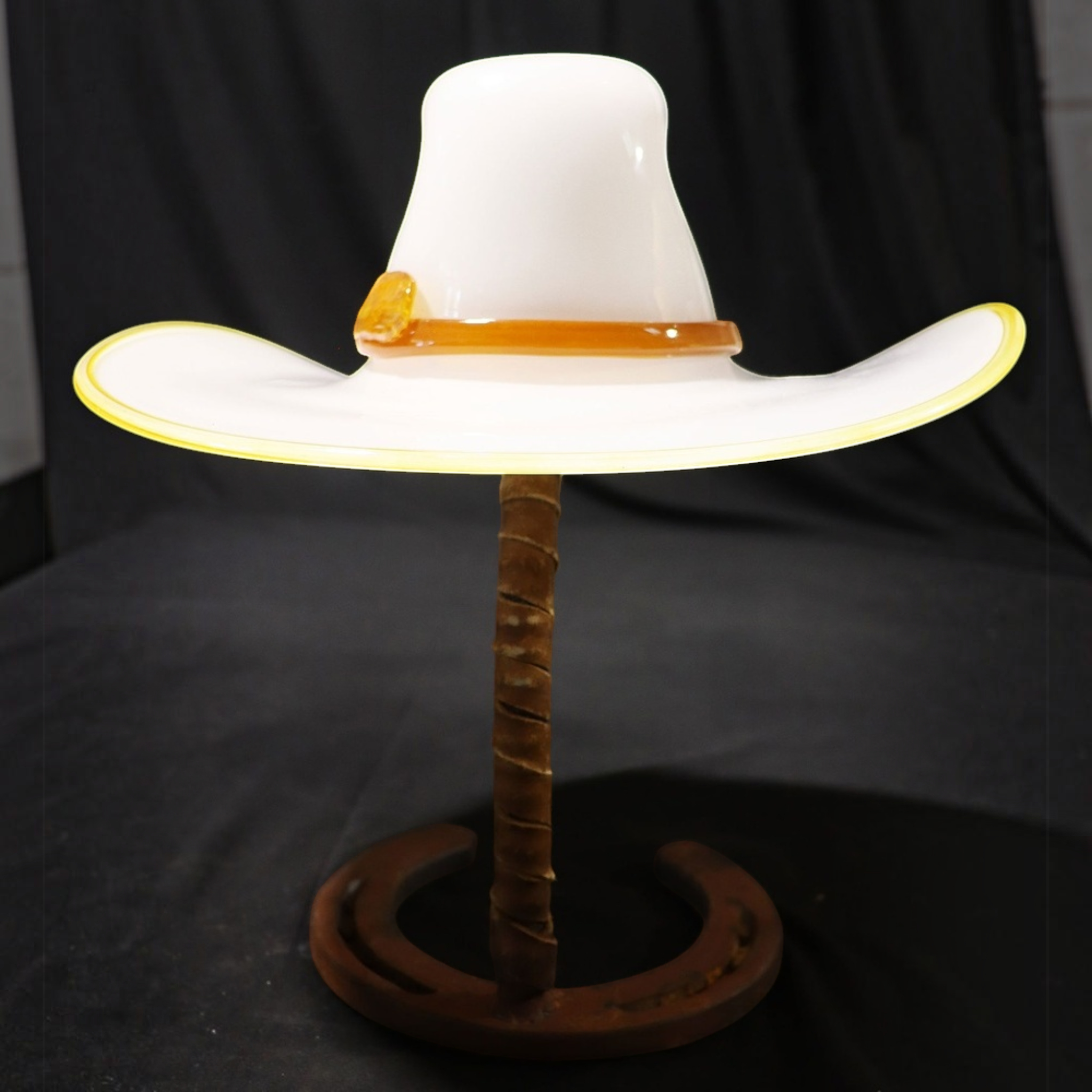 Vintage Hand-Blown Art Glass Cowboy Hat Sculpture on Horseshoe Stand