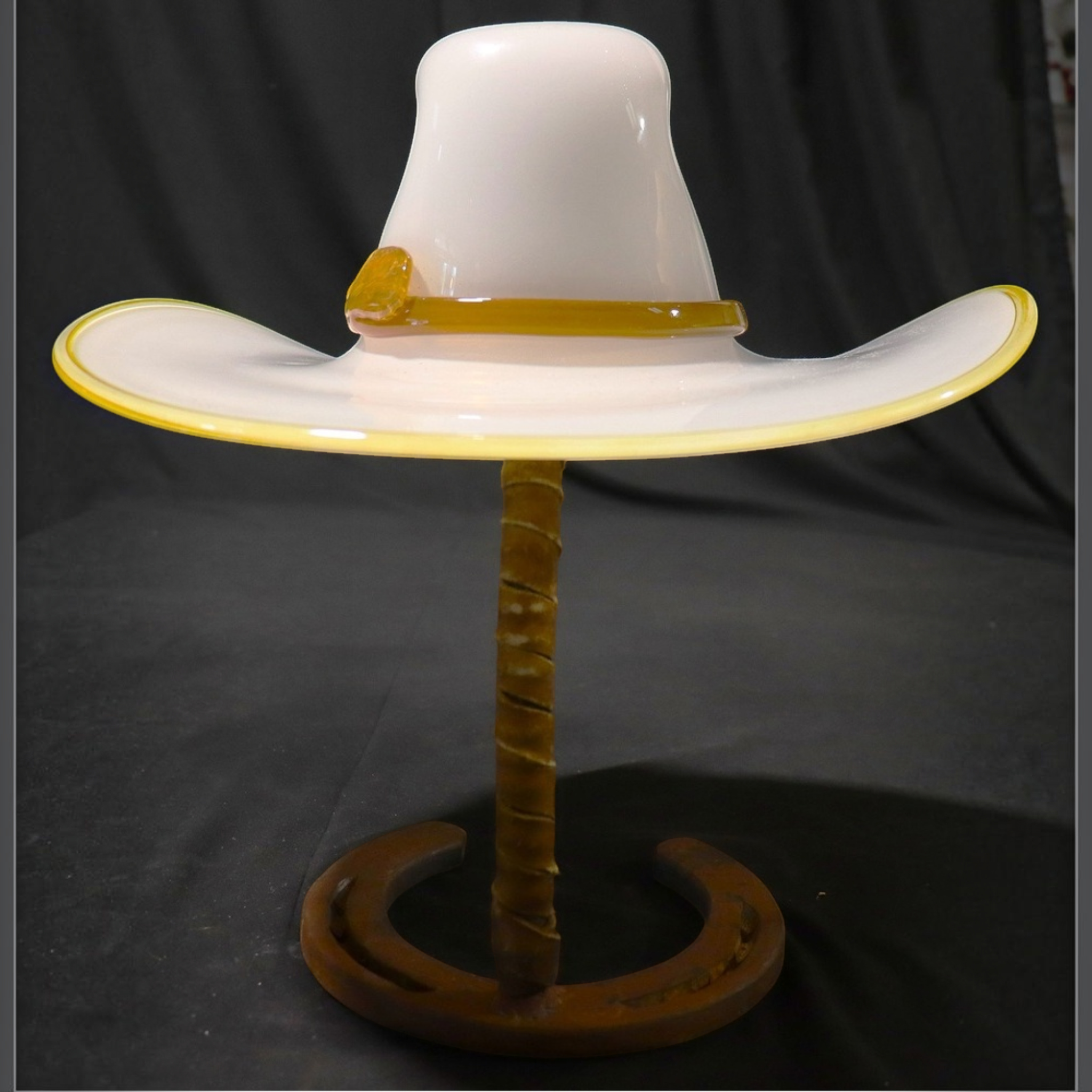Vintage Hand-Blown Art Glass Cowboy Hat Sculpture on Horseshoe Stand