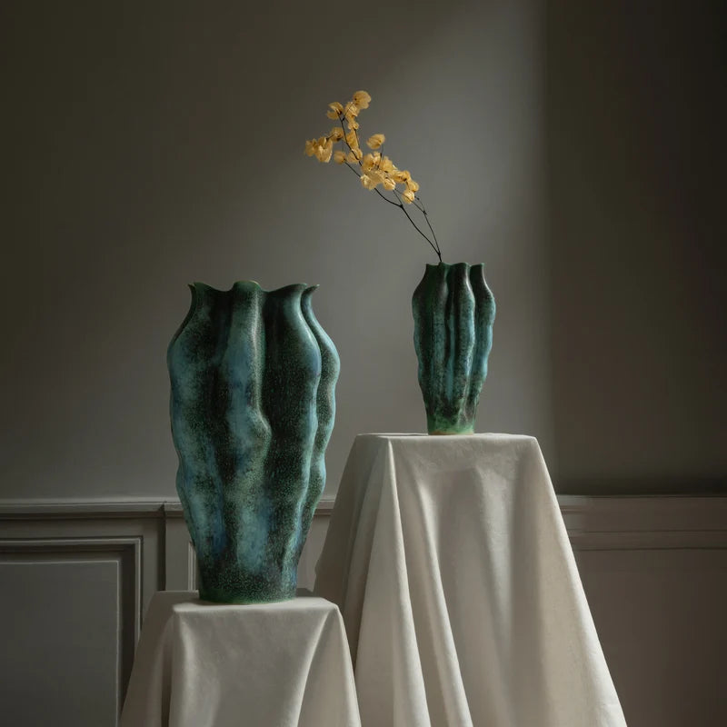 L'Objet Cenote Vase X-Large and Large lifestyle shot styled together in elevated home interior
