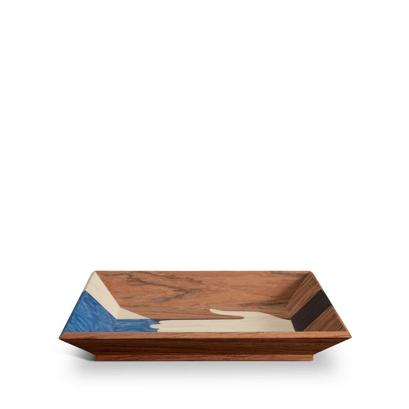 L'Objet Edgar Vide Poche side profile showing shallow lip and hand-crafted marquetry wood veneer surface