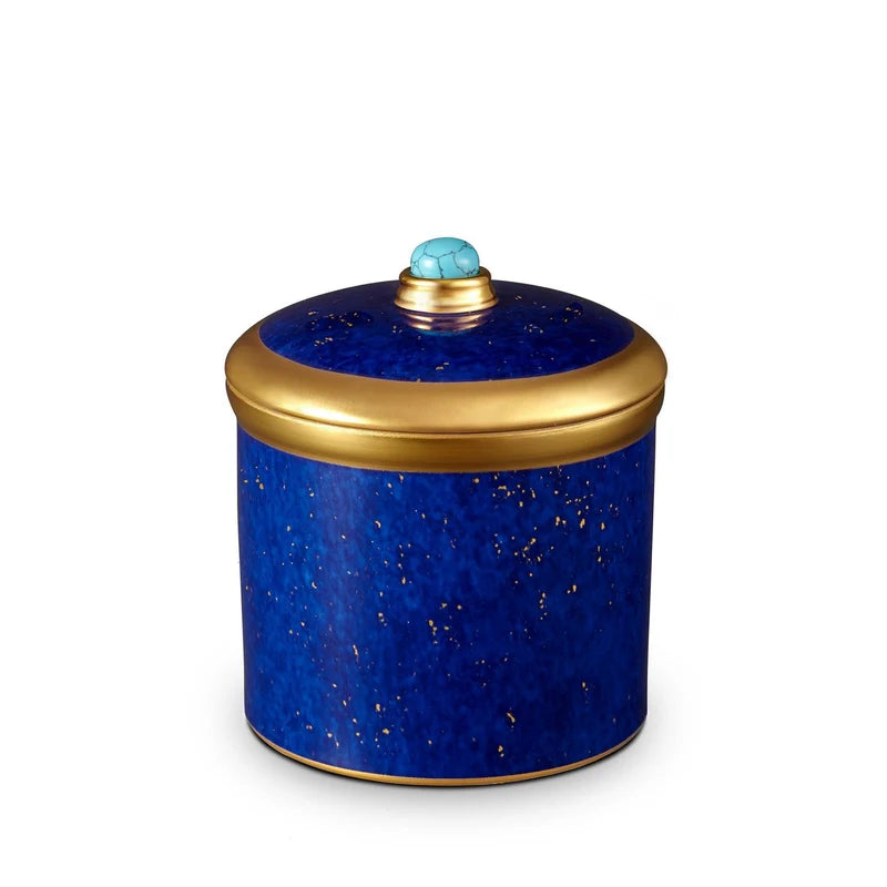 L'Objet Lapis luxury scented porcelain candle with 24K gold accents and semi-precious cabochon finial
