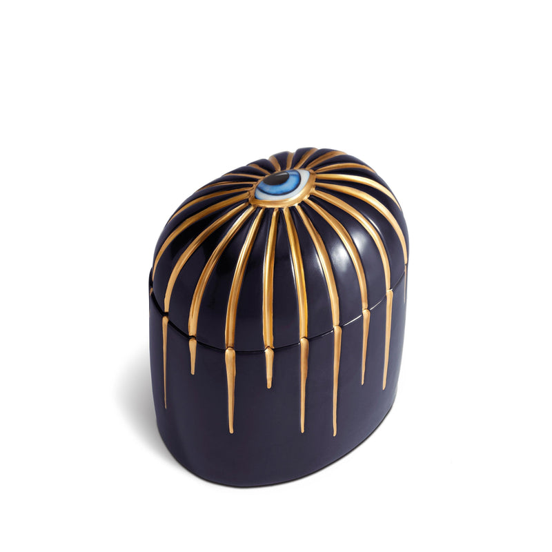 L'Objet Lito Candle Bleu luxury scented porcelain candle with 24K gold eye motif and resin inlay