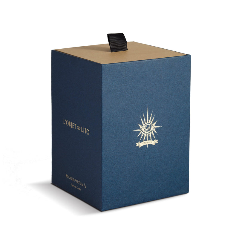 L'Objet Lito Candle Bleu close-up of 24K gold plating and eye motif detail
