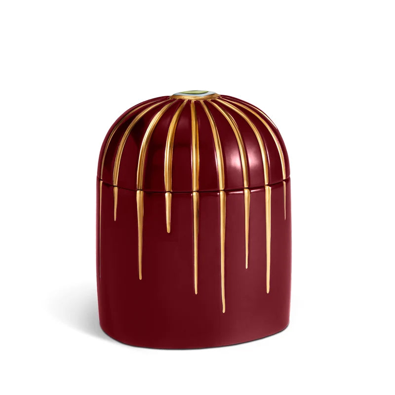 L'Objet Lito Candle Bordeaux side view showing hand-painted gold detail and deep red porcelain finish
