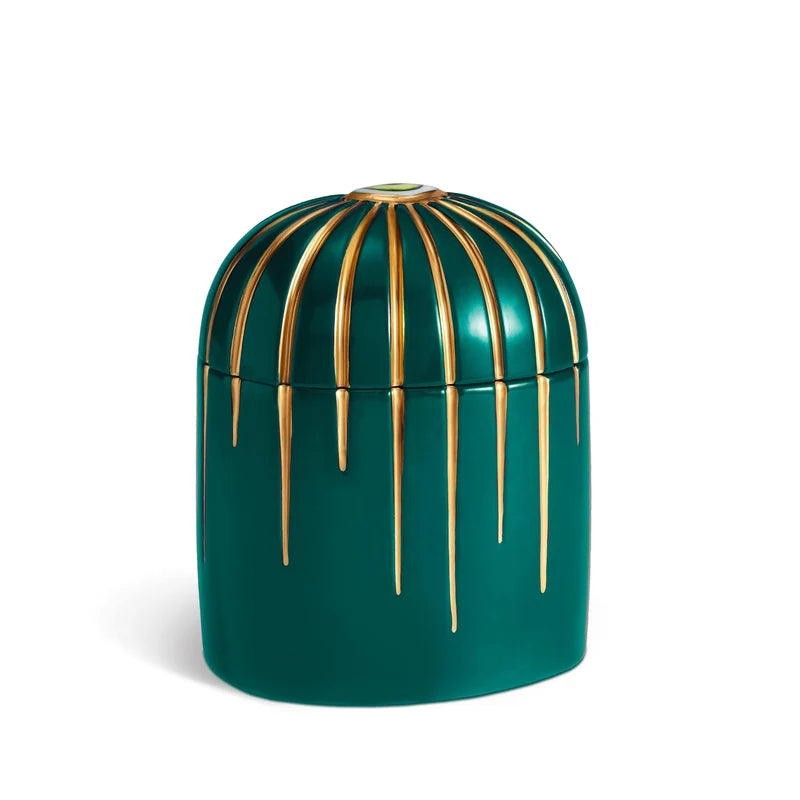 L'Objet Lito Candle Vert side view showing hand-painted gold detail and green porcelain finish