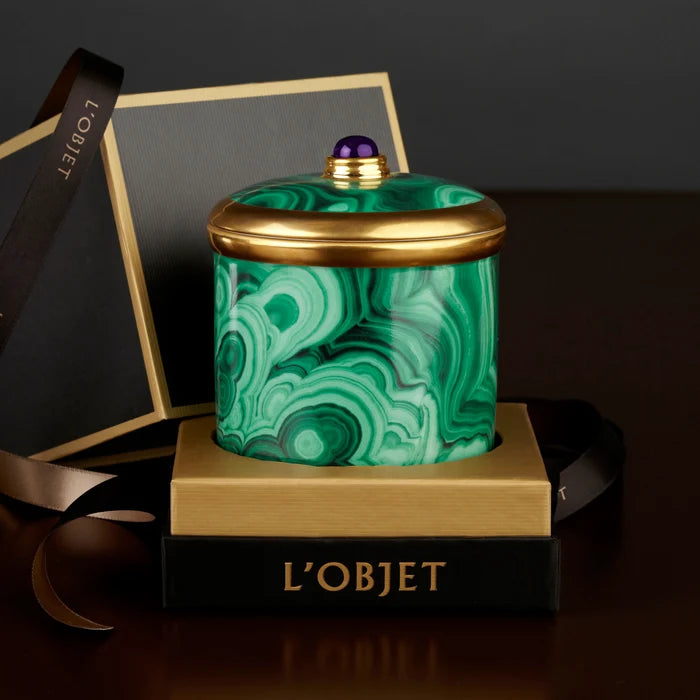L'OBJET Malachite luxury scented porcelain candle with 24K gold accents and semi-precious cabochon finial