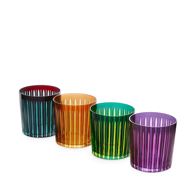 L'Objet Prism Double Old Fashioned Glasses Assorted group shot showing four jewel-toned colored glass tumblers
