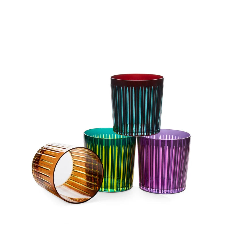 L'Objet Prism Double Old Fashioned Glasses Assorted angled view highlighting faceted prismatic glass detail across all four colors