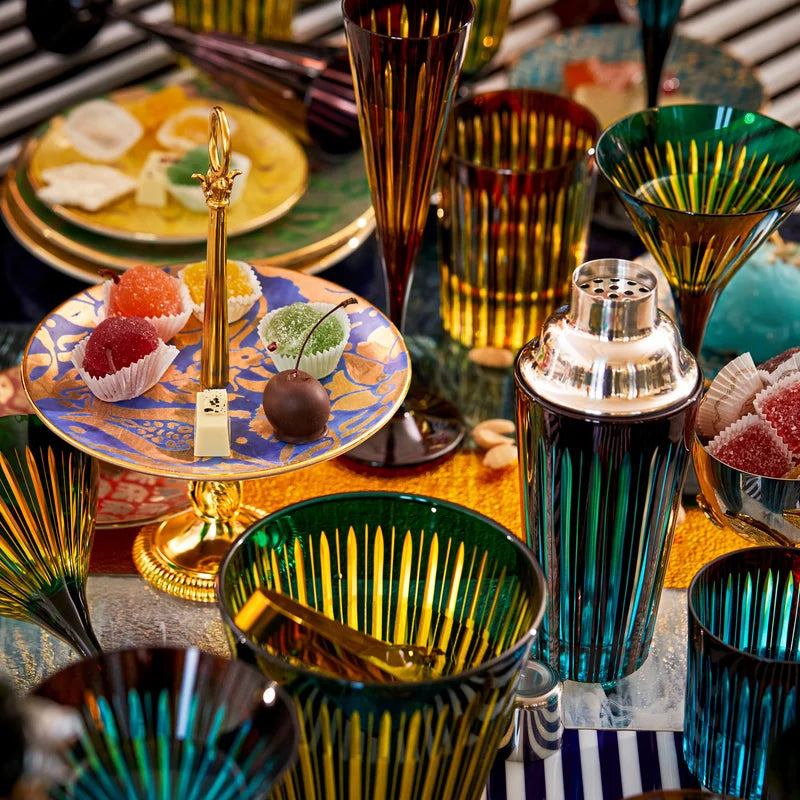 L'Objet Prism Double Old Fashioned Glasses Assorted lifestyle shot showing all four colors styled together on bar cart