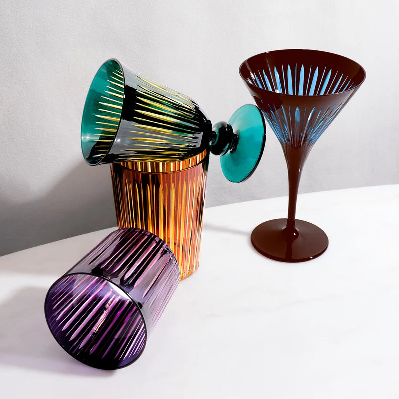 L'Objet Prism Double Old Fashioned Glasses Assorted lifestyle shot in elevated entertaining table setting with Prism collection