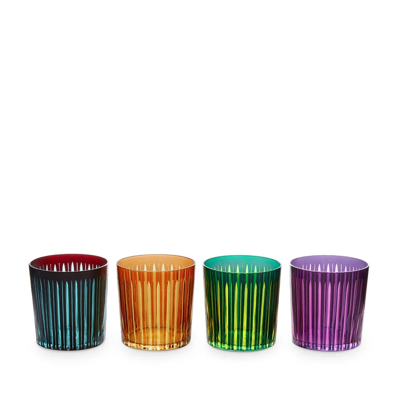 L'Objet Prism Double Old Fashioned Glasses Assorted Set of 4 luxury hand-cut colored glass tumblers in amber green purple and bordeaux