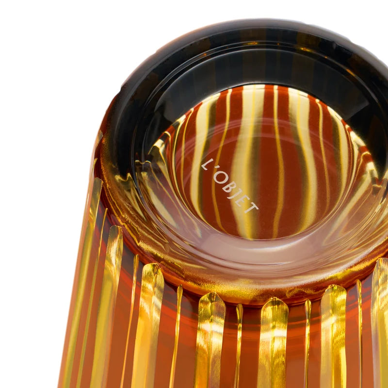  L'Objet Prism Shaker Amber angled view highlighting hand-crafted glass construction and warm amber tone
