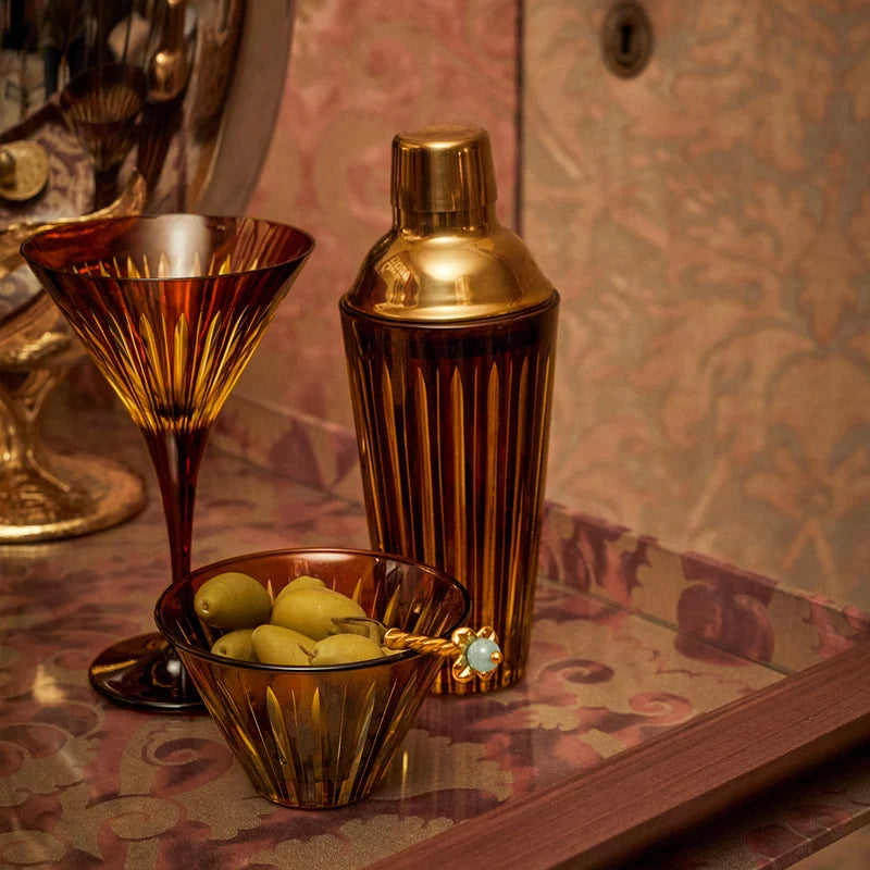 L'Objet Prism Shaker Amber lifestyle shot styled on bar cart with Prism Amber collection pieces