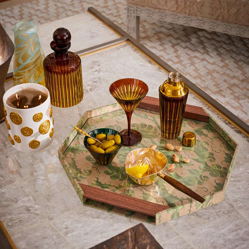 L'Objet Prism Shaker Amber lifestyle shot styled with Fortuny dinnerware and Prism barware in amber
