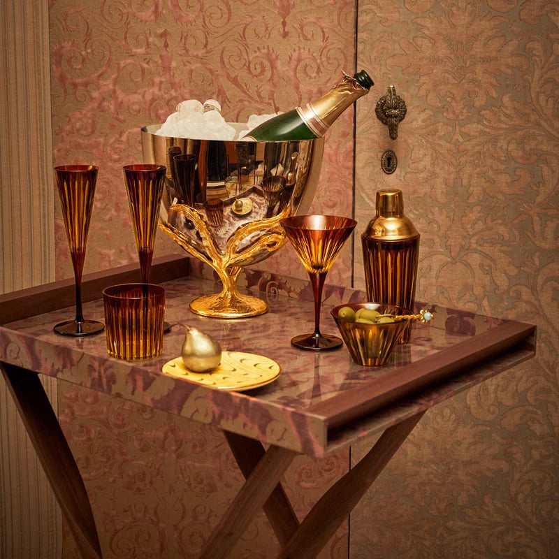  L'Objet Prism Shaker Amber lifestyle shot showing full Prism Amber barware collection styled together