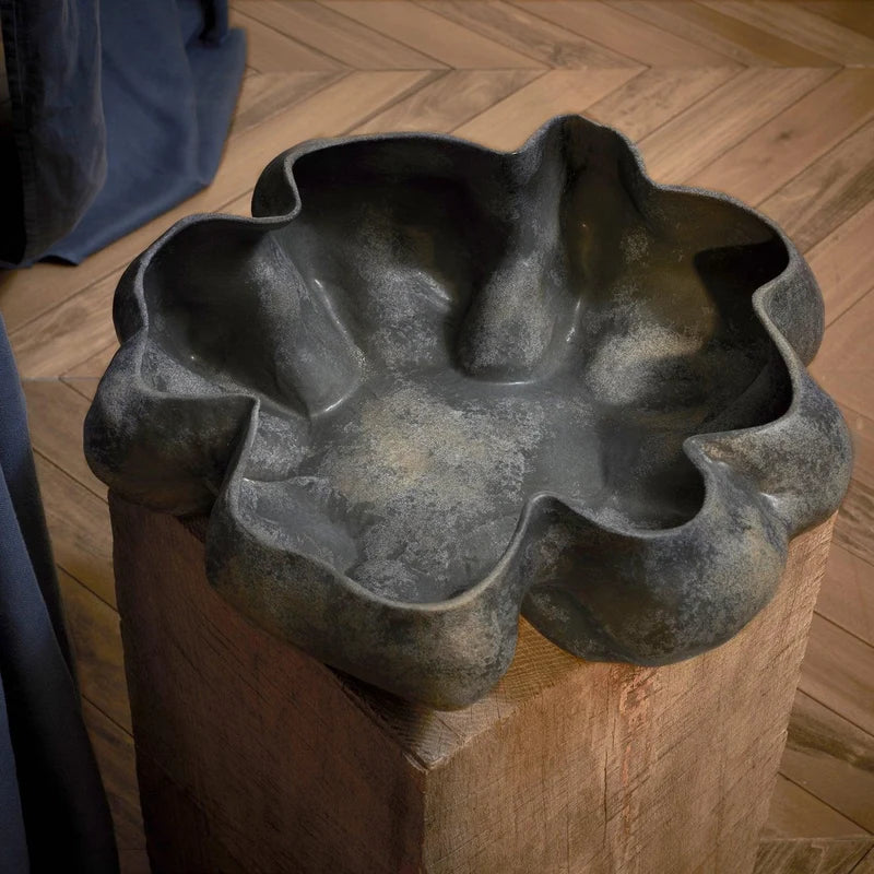 L'Objet Timna Bowl Aged Iron top view showing wide sculptural silhouette and organic glaze variation