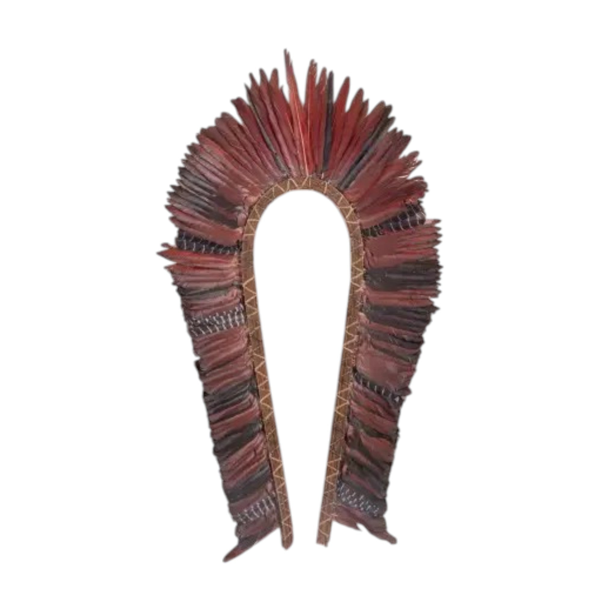 Native American ceremonial feather headdress made of reeds and red dyed feathers presented in acrylic shadowbox frame